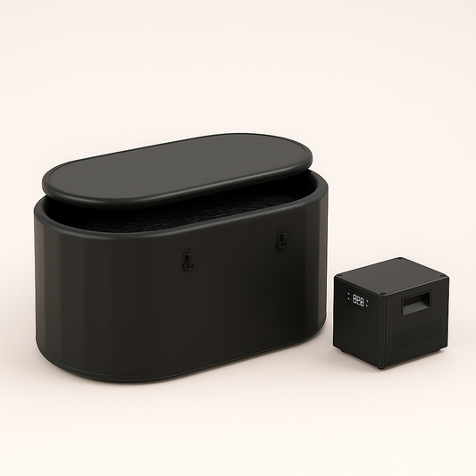Arctic Ritual Lite+ Cold Plunge System with insulated black ice bath tub and compact ArcticFlow Lite+ chiller on minimalist studio background.