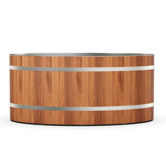 Arctic Ritual Cedar Pro Cold Plunge – front view of empty oval cedar and stainless steel ice bath
