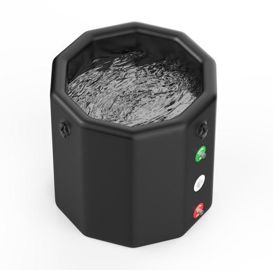 Arctic Ritual Lite+ Barrel cold plunge filled with water showing octagonal inflatable ice bath design for home recovery