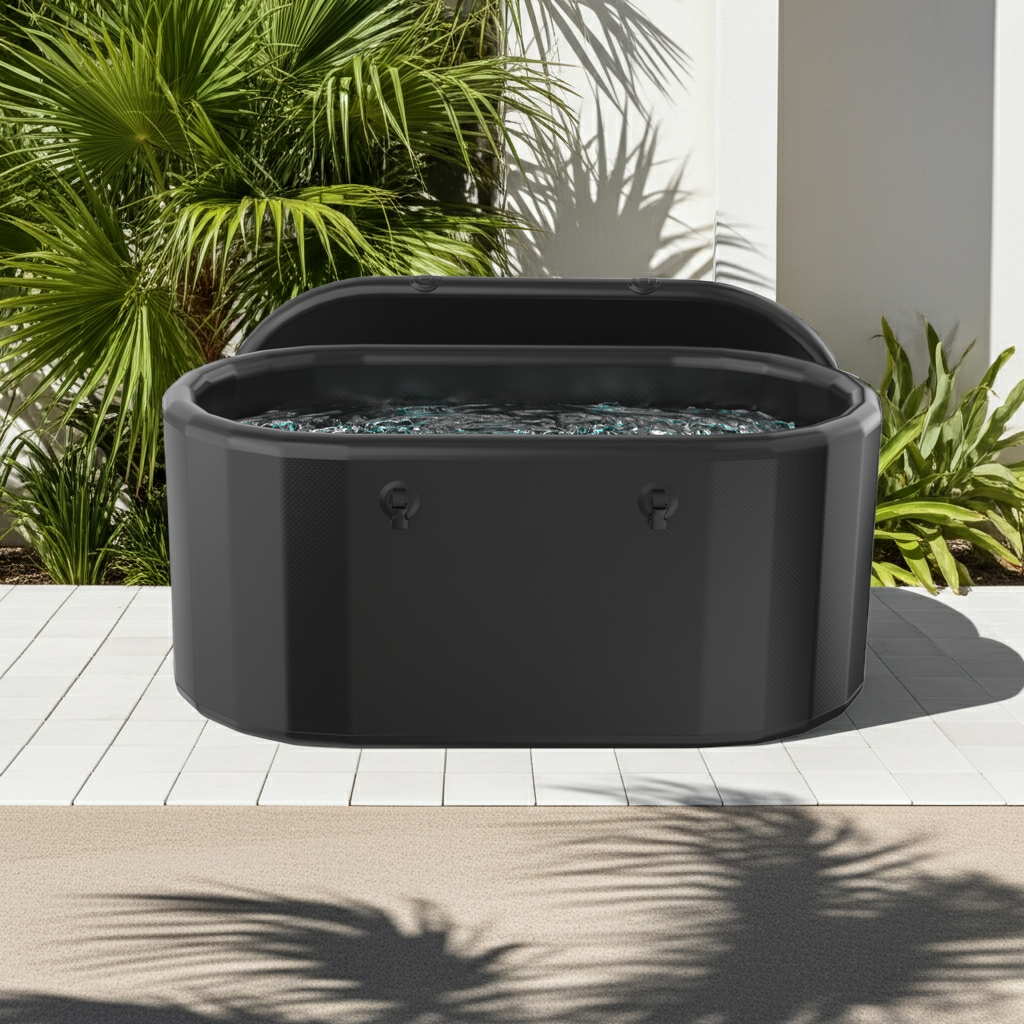 Arctic Ritual Lite+ portable cold plunge tub in matte black finish filled with water in a tropical outdoor setting