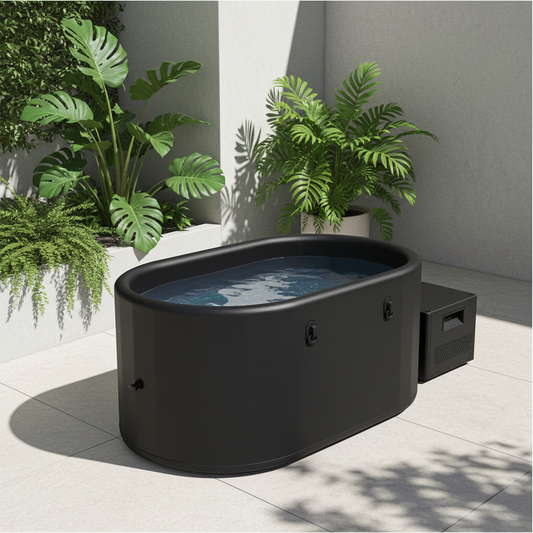 Matte black portable cold plunge tub with external water chiller set in a modern outdoor courtyard with tropical plants