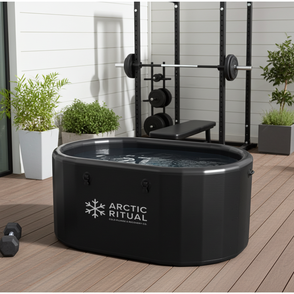 Arctic ritual cold plunge tub filled with water in front of outdoor gym equipment 