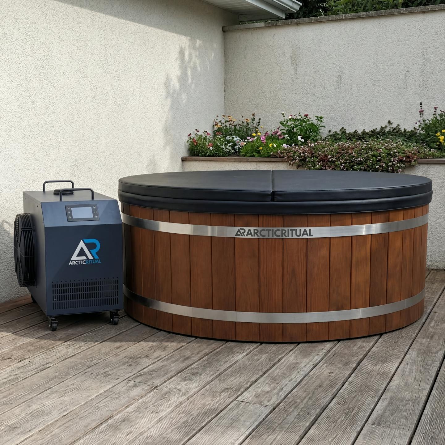 Arctic Ritual Cedar Pro cold plunge system with external water chiller and insulated cover installed outdoors