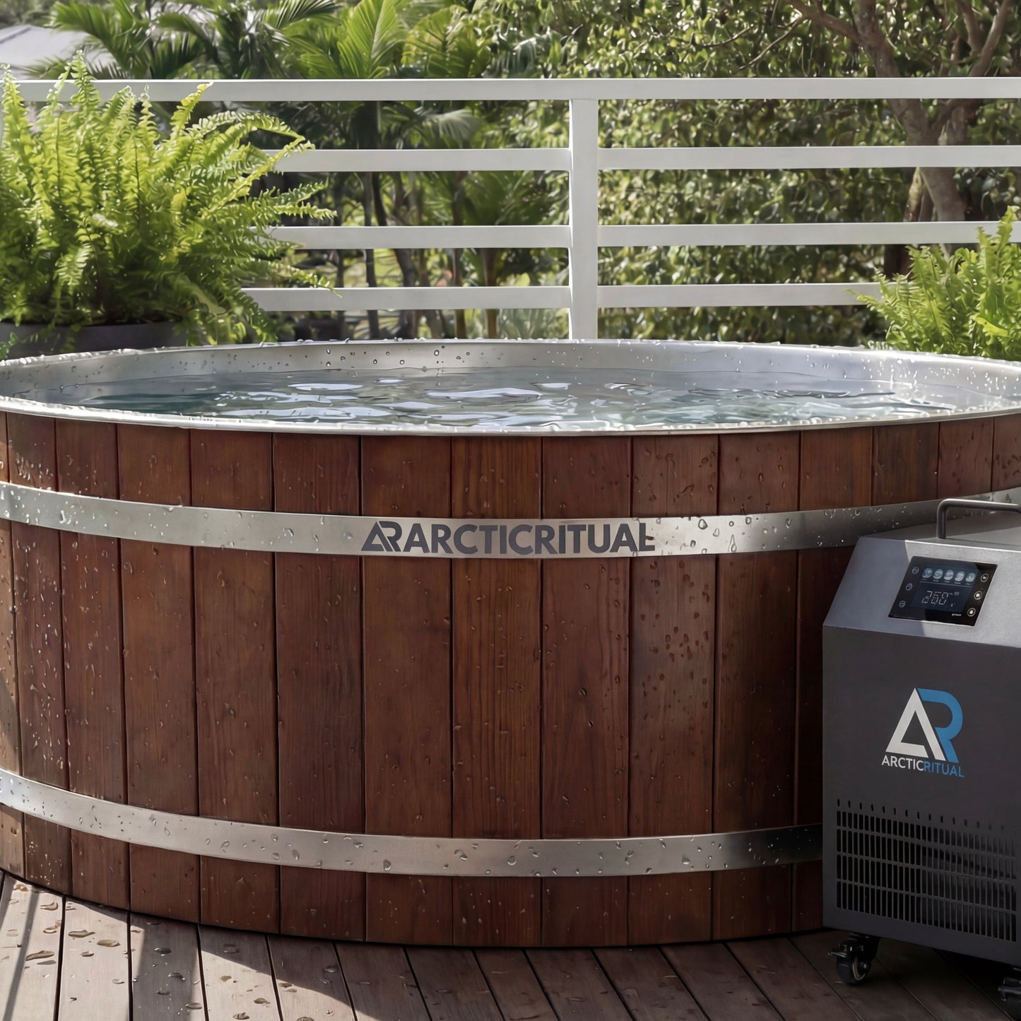 Arctic Ritual Cedar Pro cold plunge tub with ArcticFlow Pro chiller on outdoor timber deck, premium wooden ice bath for home recovery, wellness and cold exposure therapy in Australia