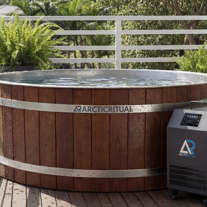 Arctic Ritual Cedar Pro cold plunge tub with ArcticFlow Pro chiller on outdoor timber deck, premium wooden ice bath for home recovery, wellness and cold exposure therapy in Australia