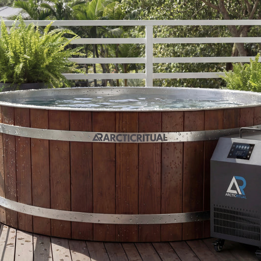 Arctic Ritual Cedar Pro cold plunge tub with ArcticFlow Pro chiller on outdoor timber deck, premium wooden ice bath for home recovery, wellness and cold exposure therapy in Australia