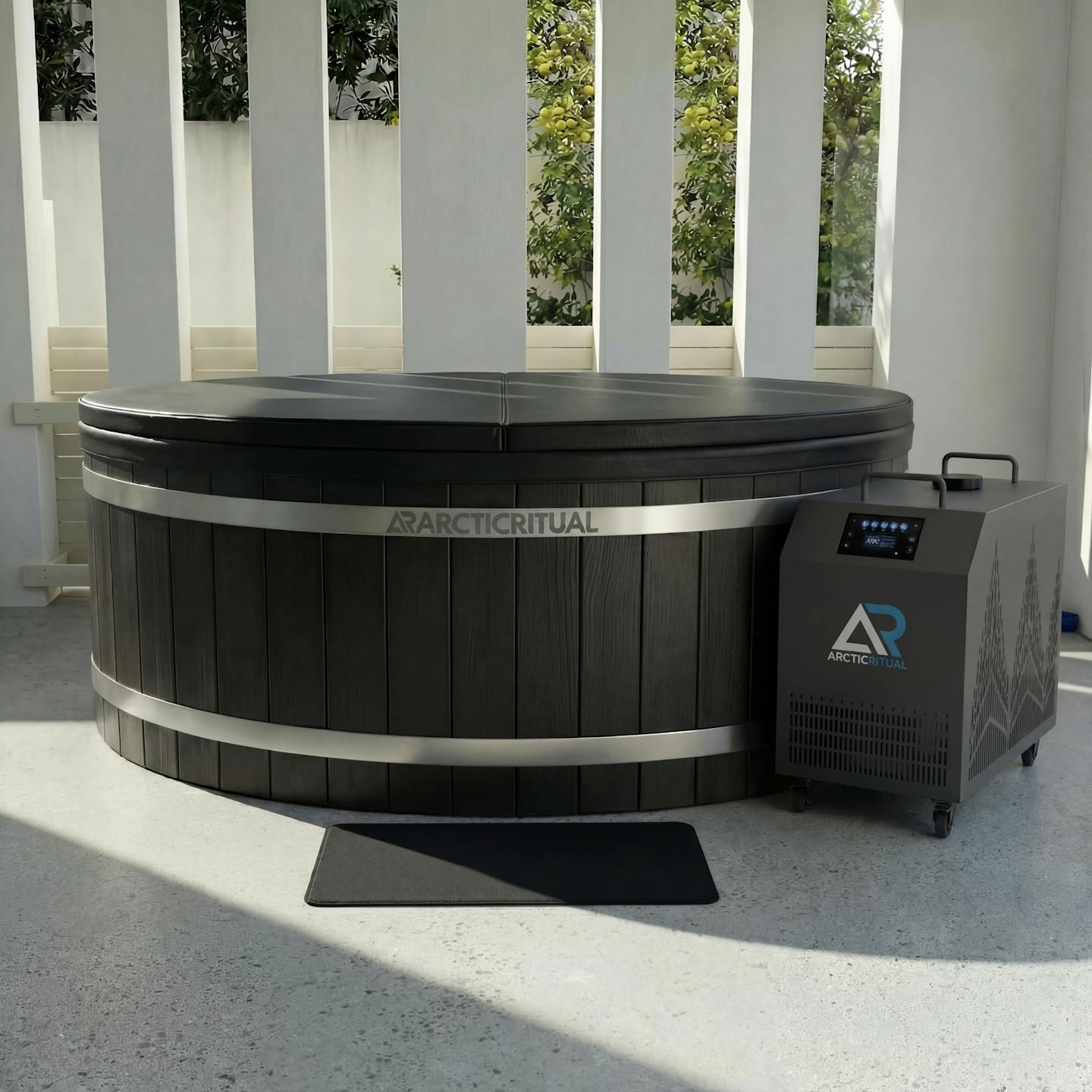 Arctic Ritual Cedar Pro cold plunge tub with ArcticFlow Pro chiller unit in modern outdoor setting, premium insulated ice bath for home recovery and cold exposure therapy in Australia