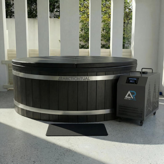 Arctic Ritual Cedar Pro cold plunge tub with ArcticFlow Pro chiller unit in modern outdoor setting, premium insulated ice bath for home recovery and cold exposure therapy in Australia