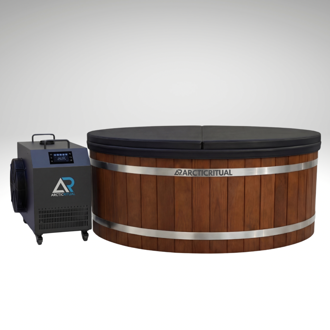 Arctic Ritual Cedar Pro cold plunge tub with lid and ArcticFlow Pro chiller, premium wooden ice bath system for home recovery and cold exposure in Australia