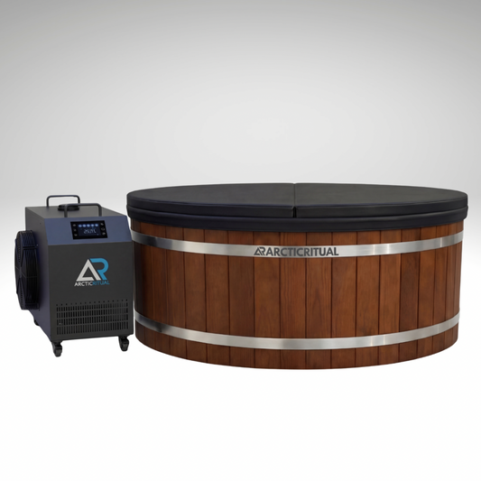 Arctic Ritual Cedar Pro cold plunge tub with lid and ArcticFlow Pro chiller, premium wooden ice bath system for home recovery and cold exposure in Australia