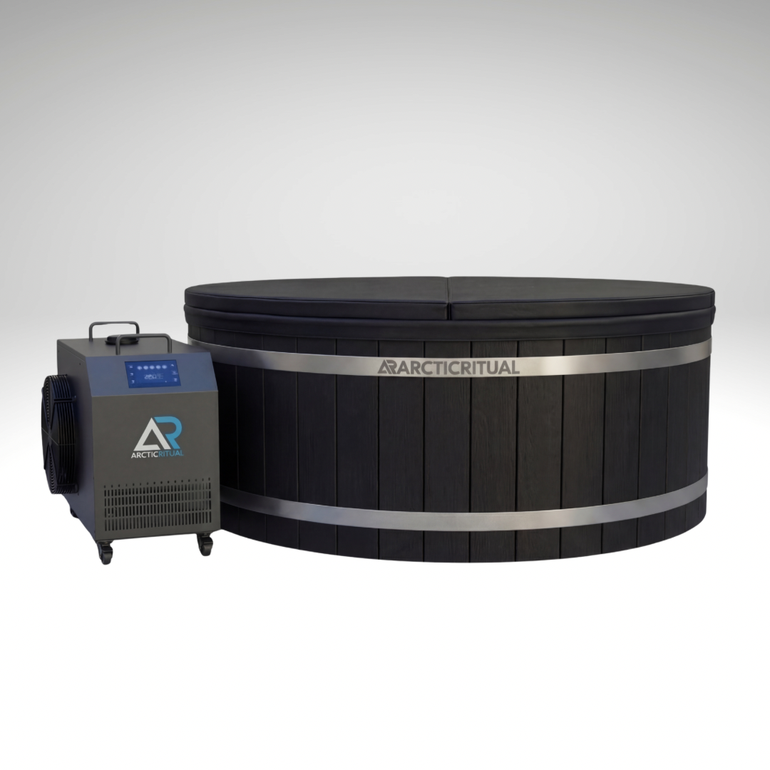 Arctic Ritual Cedar Pro cold plunge tub with ArcticFlow Pro chiller, premium wooden ice bath system isolated on white background for home wellness and recovery in Australia