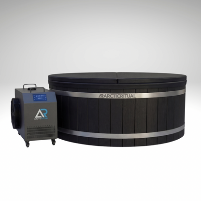 Arctic Ritual Cedar Pro cold plunge tub with ArcticFlow Pro chiller, premium wooden ice bath system isolated on white background for home wellness and recovery in Australia