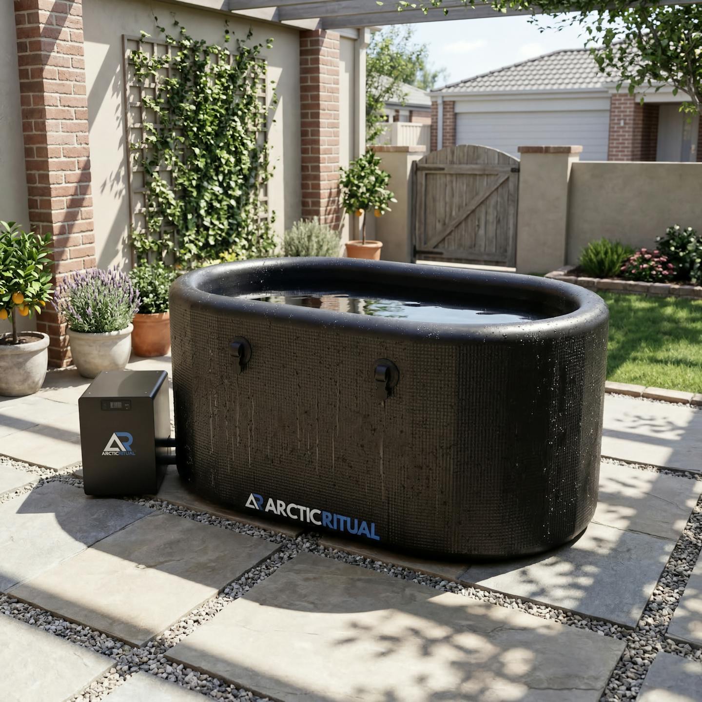 Arctic Ritual cold plunge tub Lite+ system installed in a modern backyard setting with external chiller for home ice bath recovery and cold exposure