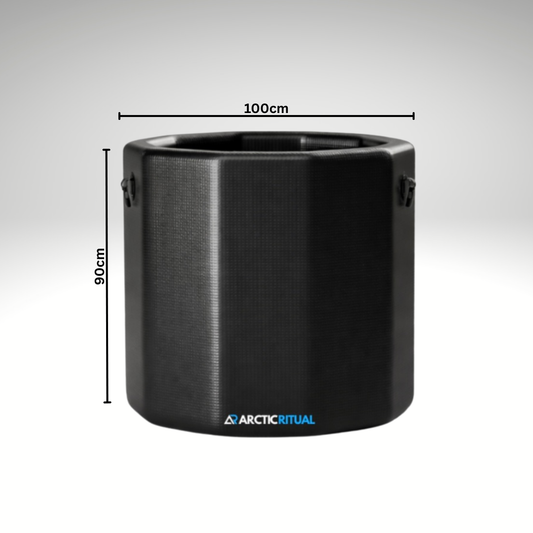 Arctic Ritual Lite+ barrel cold plunge tub in black showing dimensions 100cm width and 90cm height, compact insulated ice bath for home recovery and cold therapy.