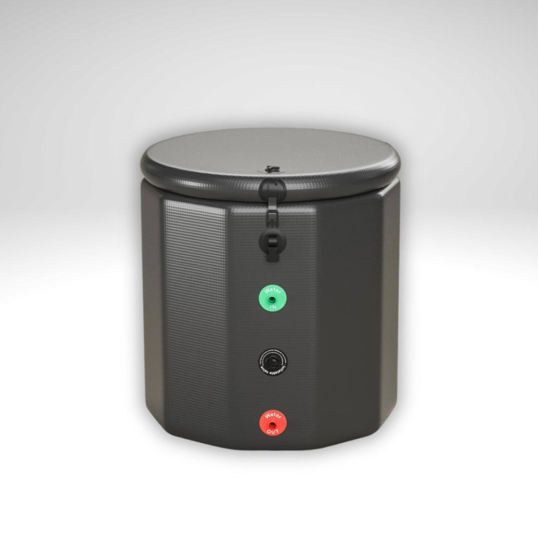 Rear view of the Arctic Ritual Lite+ barrel cold plunge in black, showing insulated round design with integrated hose ports and fittings in a clean studio setting