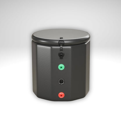 Rear view of the Arctic Ritual Lite+ barrel cold plunge in black, showing insulated round design with integrated hose ports and fittings in a clean studio setting