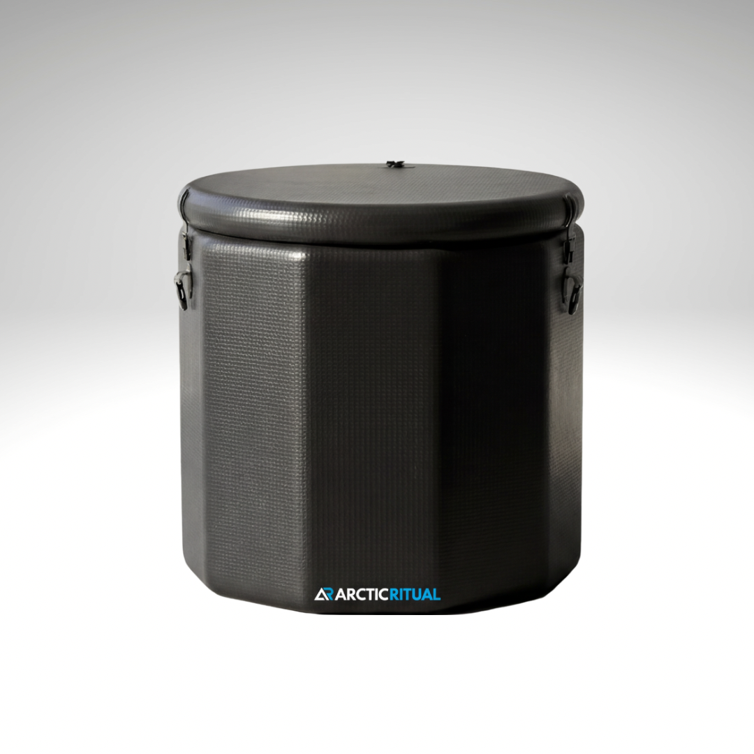 Arctic Ritual Lite+ barrel cold plunge in black shown in a clean studio setting, featuring insulated round design with fitted lid for at-home cold water therapy