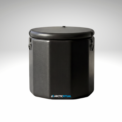 Arctic Ritual Lite+ barrel cold plunge in black shown in a clean studio setting, featuring insulated round design with fitted lid for at-home cold water therapy