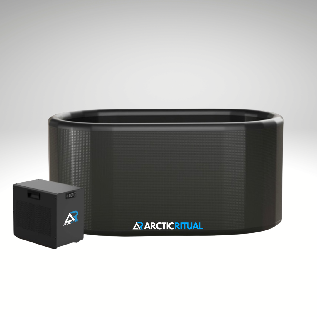 Arctic Ritual Lite+ oval cold plunge tub with matching chiller unit in black, insulated ice bath system for home recovery and cold exposure therapy.
