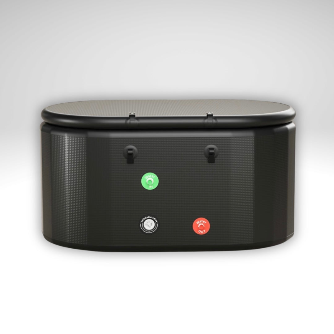 Rear view of Arctic Ritual Lite+ cold plunge tub in black showing water inlet and outlet connection ports in a clean studio setting