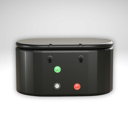 Rear view of Arctic Ritual Lite+ cold plunge tub in black showing water inlet and outlet connection ports in a clean studio setting