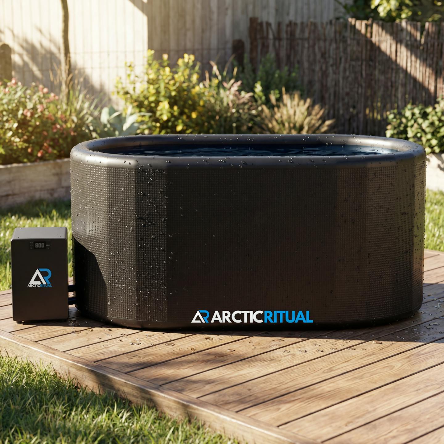 Arctic Ritual Lite+ cold plunge tub connected to external water chiller system outdoors