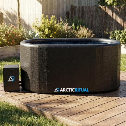 Arctic Ritual Lite+ cold plunge tub connected to external water chiller system outdoors