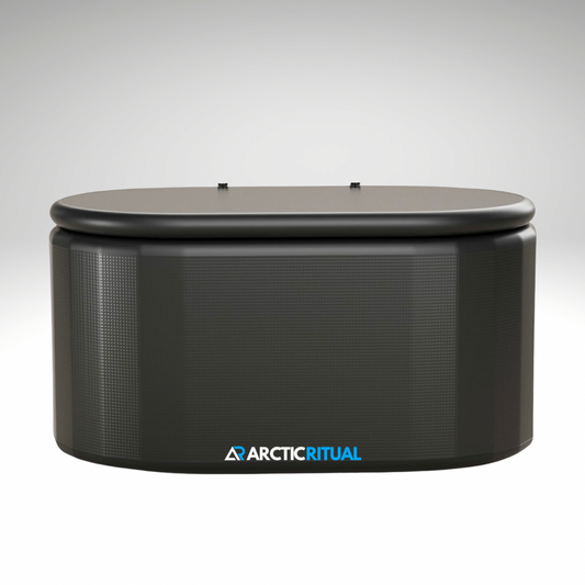 Arctic Ritual Lite+ oval cold plunge with insulated lid, black insulated ice bath tub for home recovery and cold exposure therapy.