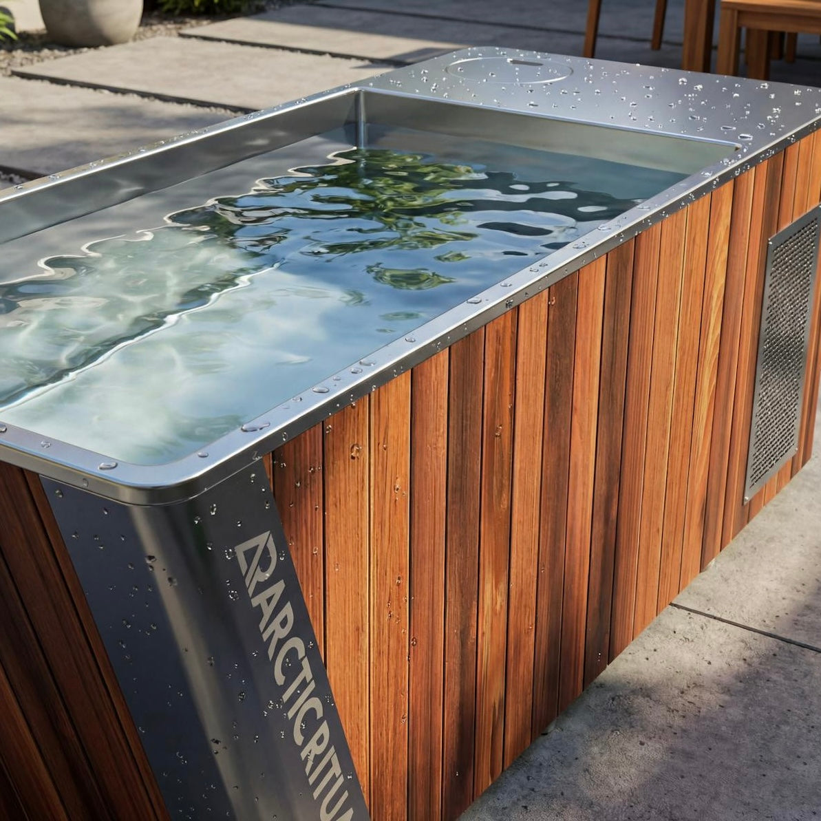 Arctic Ritual Platinum All-In-One cedar cold plunge tub installed outdoors with stainless steel interior and integrated cooling system