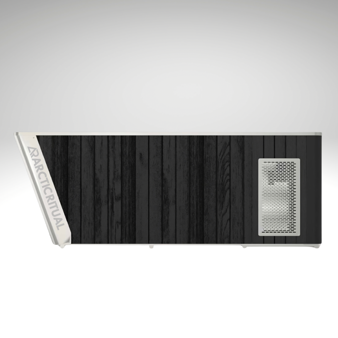 Side profile of Arctic Ritual Platinum All-in-One cold plunge tub with black timber exterior and integrated cooling system