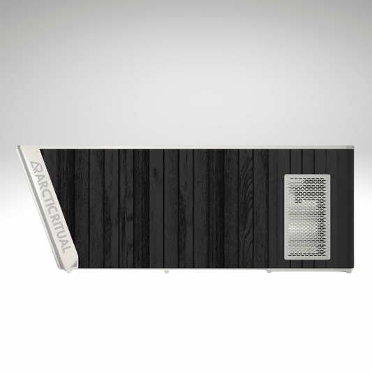 Side profile of Arctic Ritual Platinum All-in-One cold plunge tub with black timber exterior and integrated cooling system
