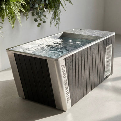 Arctic Ritual Platinum All-In-One cold plunge with stainless steel interior and timber exterior panels, premium ice bath tub for home recovery and cold exposure therapy.