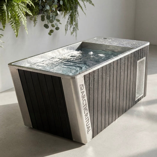 Arctic Ritual Platinum All-In-One cold plunge with stainless steel interior and timber exterior panels, premium ice bath tub for home recovery and cold exposure therapy.