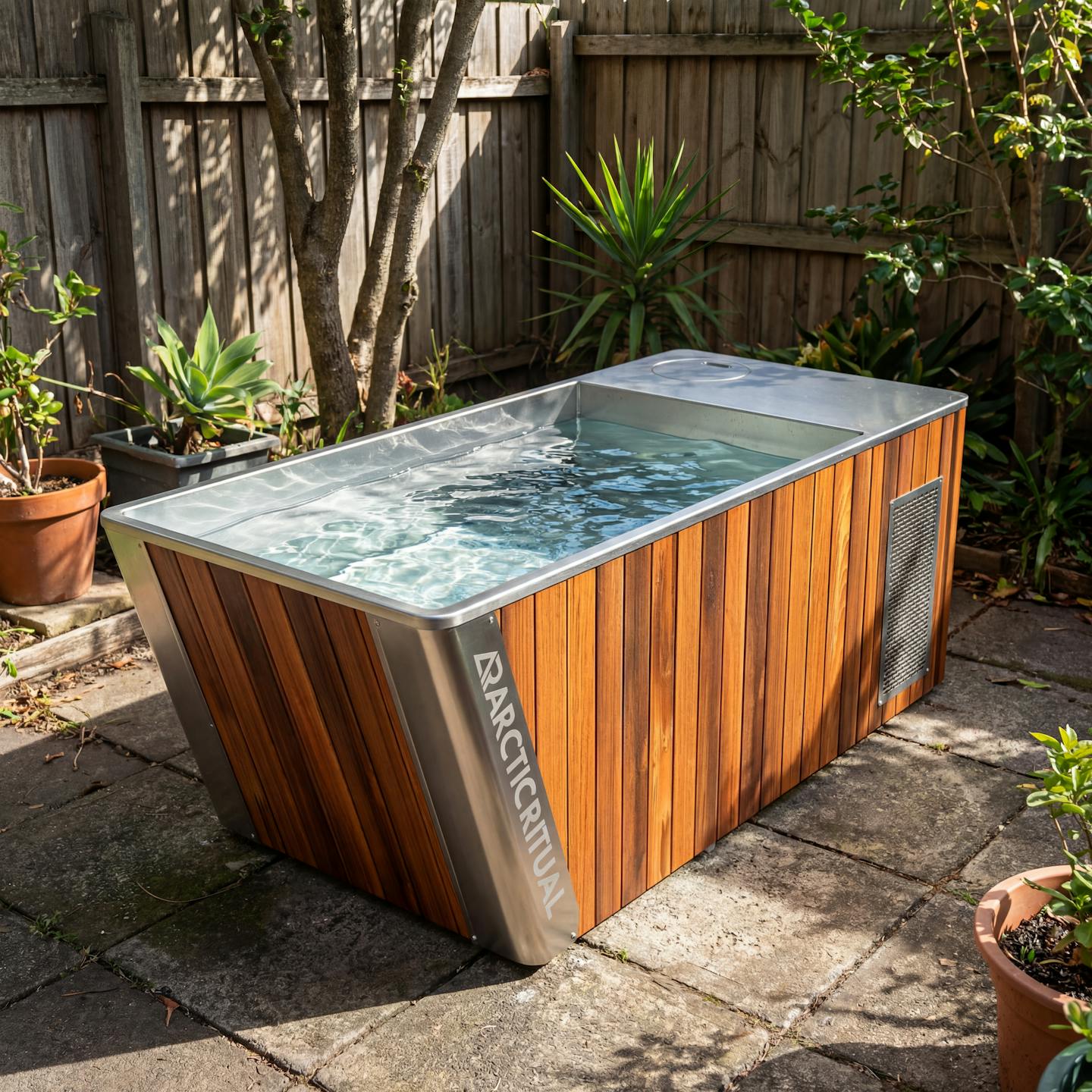 Arctic Ritual Platinum All-in-One cedar cold plunge tub installed in a backyard garden setting