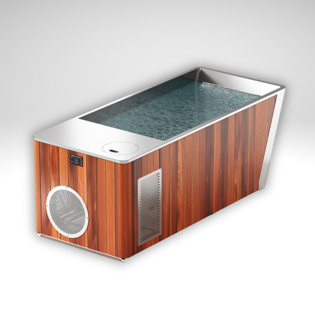 Arctic Ritual Platinum cold plunge system with integrated chiller, stainless steel finish and clean white studio background