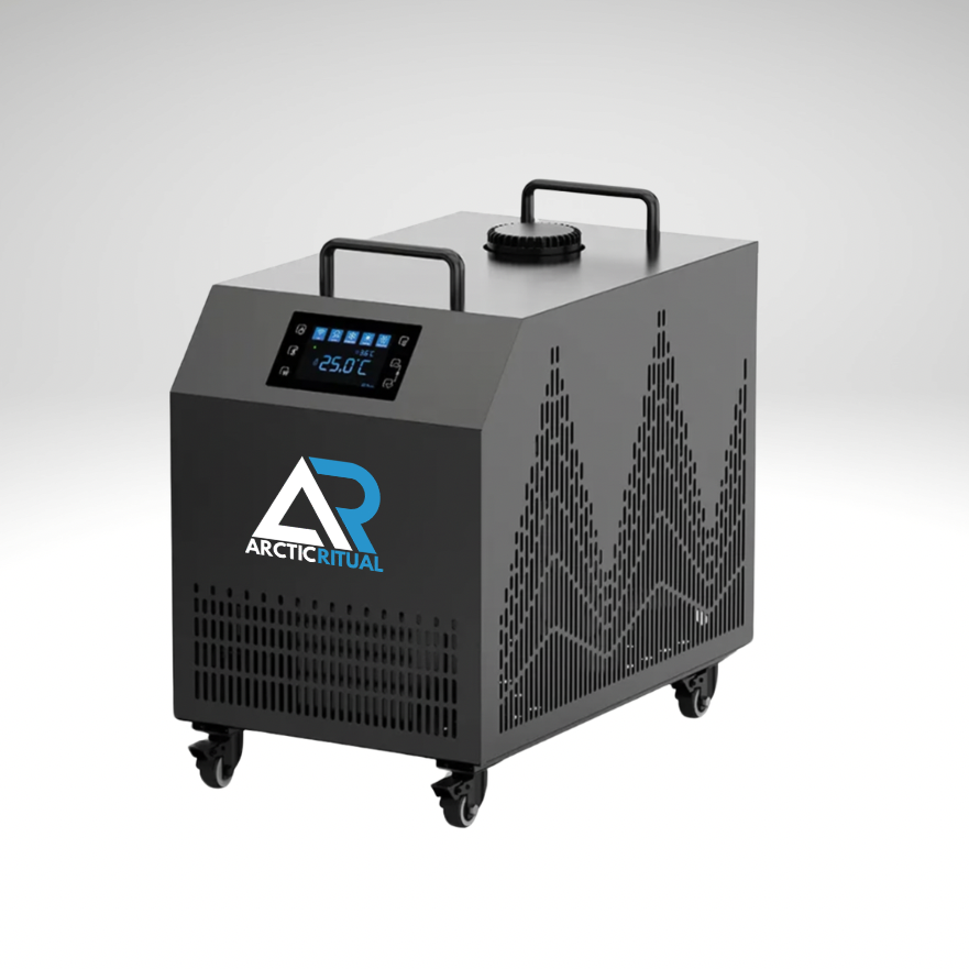Arctic Ritual Pro chiller and heater unit on wheels with digital temperature display for cold plunge and ice bath systems 