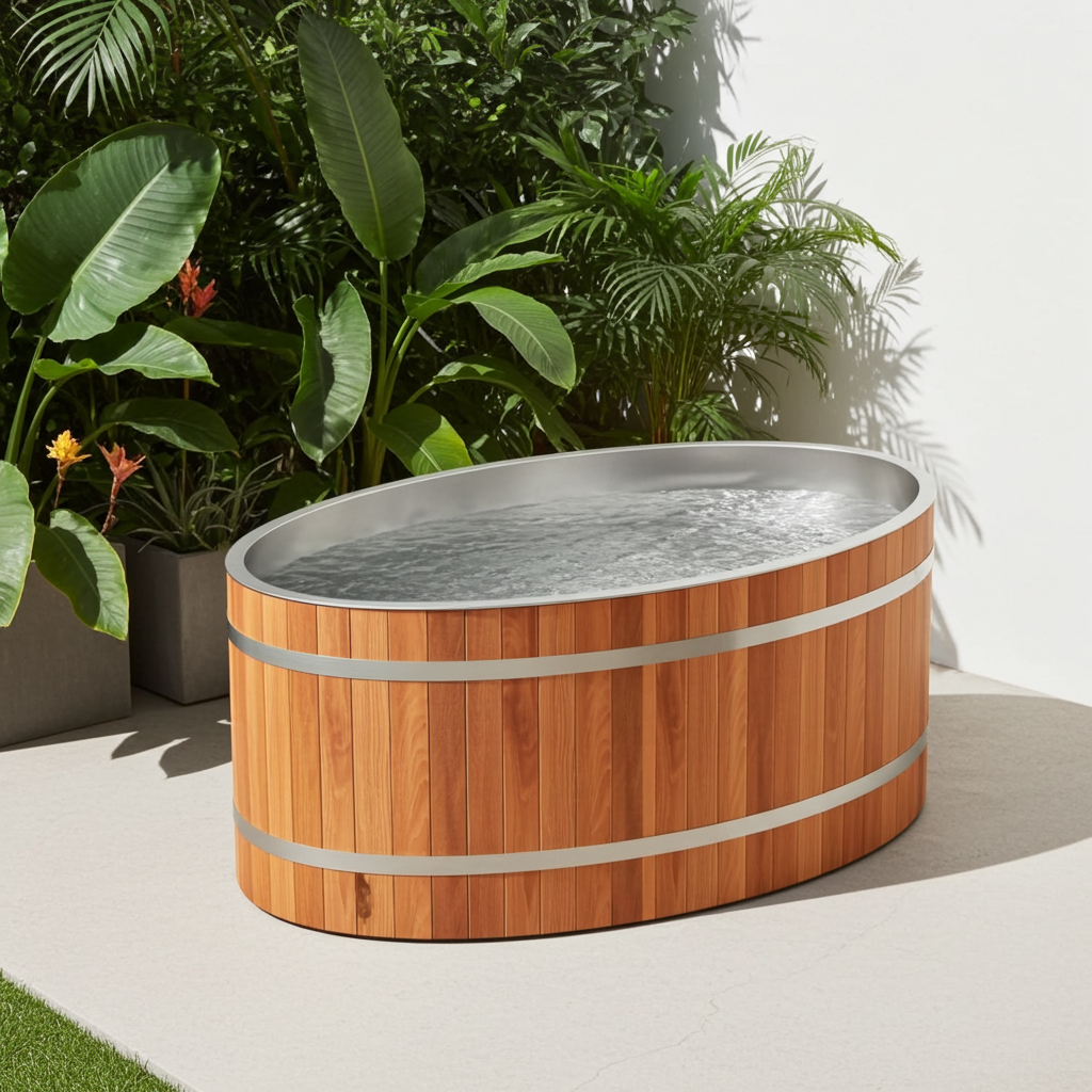 Oval cedar cold plunge tub filled with water in a modern outdoor garden setting with tropical plants