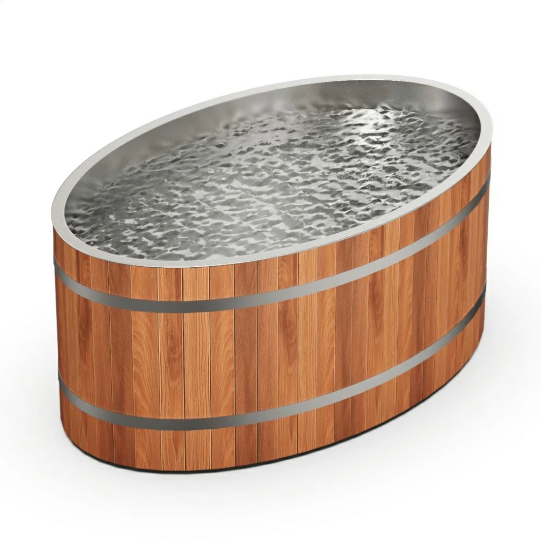 Arctic Ritual Cedar Pro Cold Plunge – oval cedar tub with 316 stainless steel interior filled with cold water