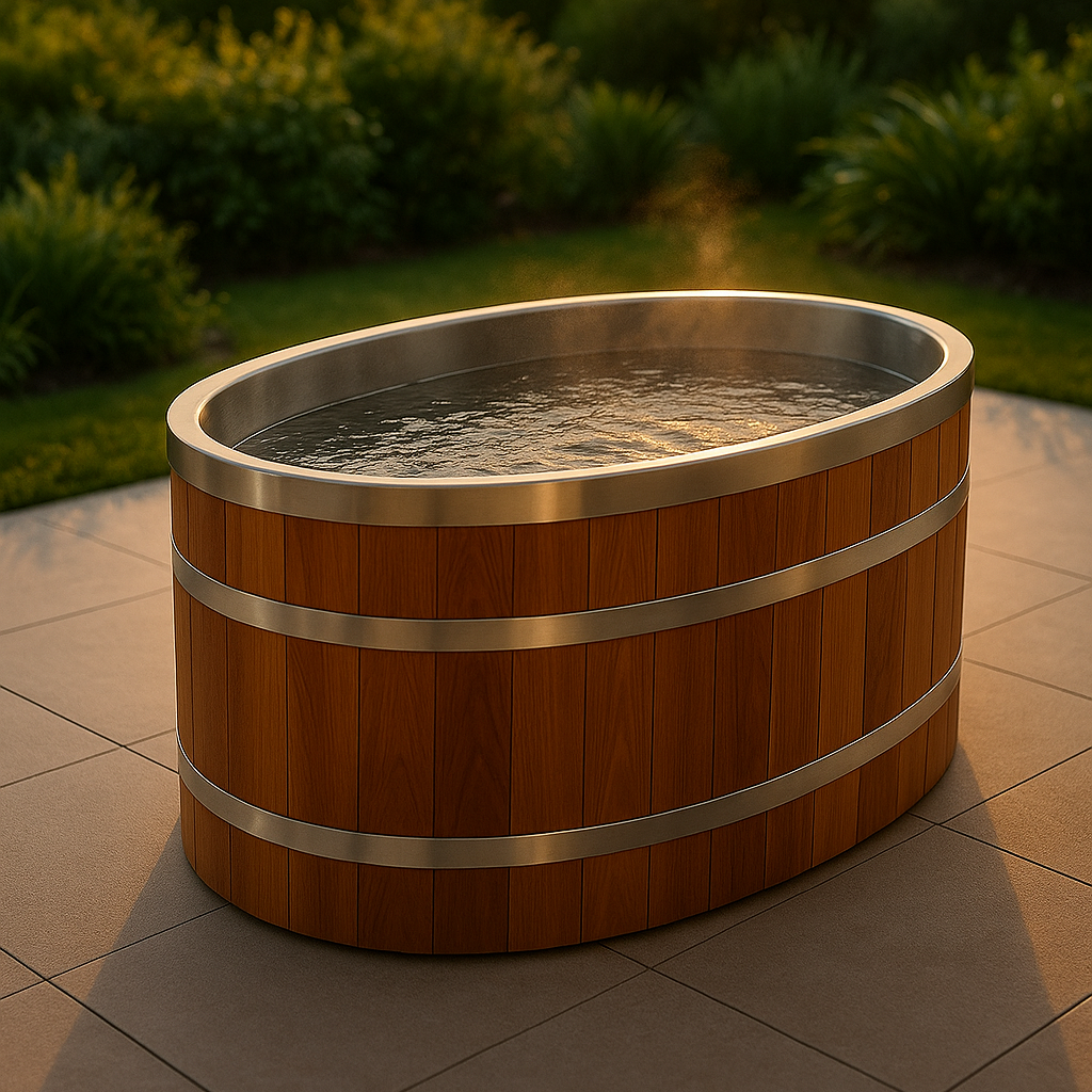 Oval cedar wood cold plunge tub with stainless steel interior and bands, outdoor ice bath on tiled patio at sunset, luxury backyard cold therapy tub.
